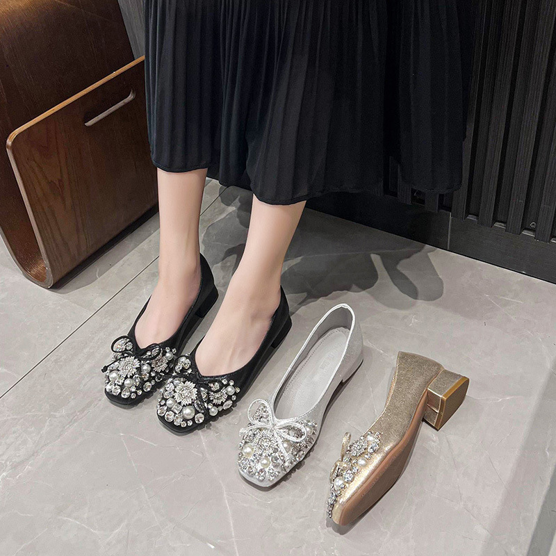2025 New French Square-Toe Flats for Women, Autum Shallow Wedding Shoes, Rhinestone Thick Heel Scoop Shoes, Large Size Women's Shoes 41-43