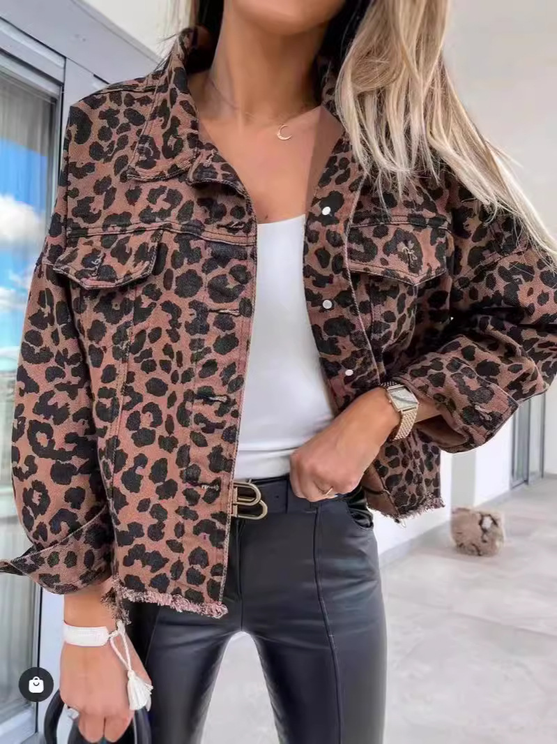 Picture of 2024 Amazon Europe and the United States cross-border explosions tide washed old leopard print fur Denim coat women's jacket