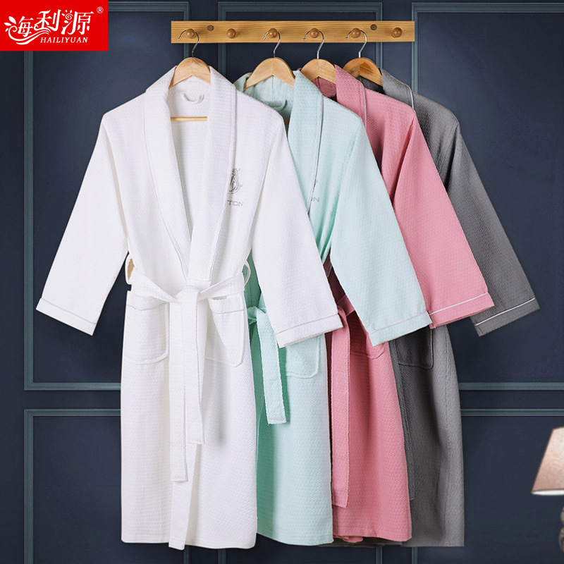 Hailiyuan Pure Cotton Bathrobe Couple Summer Swimming Loose Sleeping Gown Amazon Thin Embroidered Waffling Bathrobe