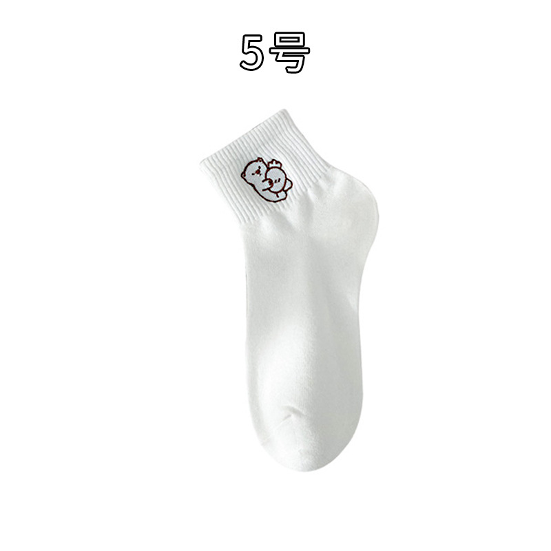 Picture of Women's Socks for Autumn and Winter, White Embroidered Cartoon Mid-Calf Socks, Low-Cut Shallow Mouth Socks, Cute Japanese-Style Short Socks for Women