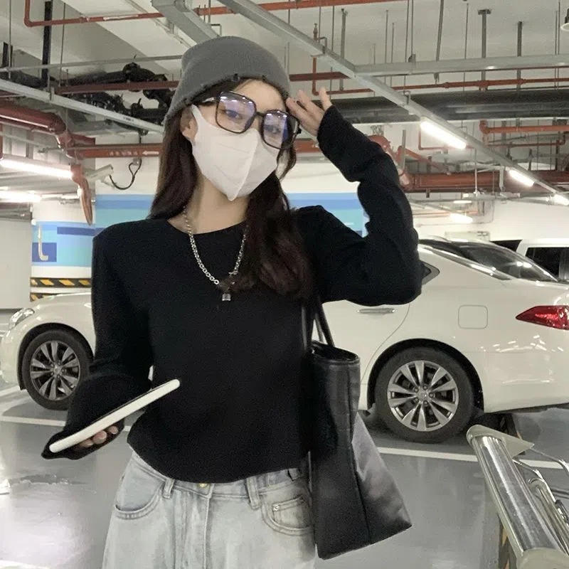 Velvet Thickened Black Inner Long-Sleeved T-Shirt Women's Autumn and Winter Slim-Fit Slimming High Waist Short Base Shirt Top Trendy
