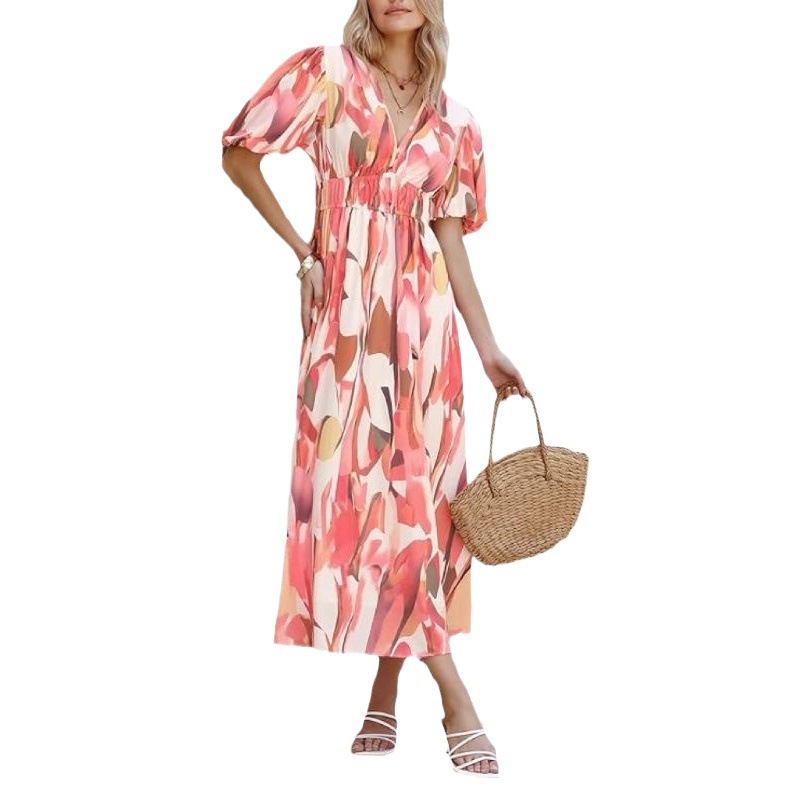 2024 Europe and the United States cross-border e-commerce factory supply women's short sleeve Bohemian V-neck bubble sleeve printed dress