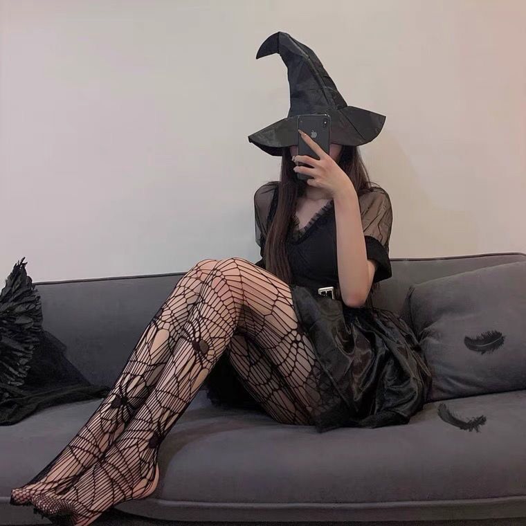 Picture of Internet Celebrating Halloween Nets Skull Spider Web Hollow Fishnet Stockings Pure White Silk Stockings Sexy Black Silk
