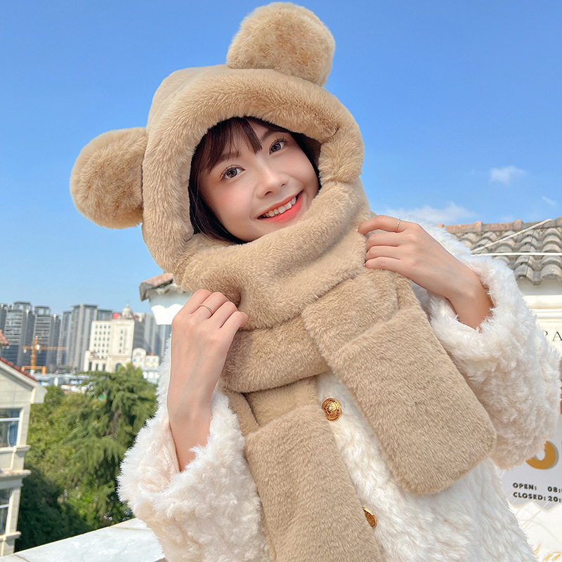 Picture of Winter plush hat scarf gloves one female rabbit autumn and winter three-piece cute thick scarf warm windproof