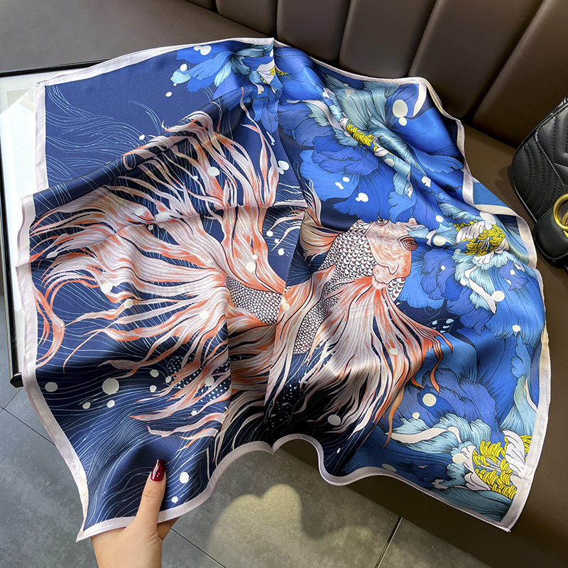 Picture of Spring and Autumn Thin Japanese and Korean Sweet Champagne Color Small Floral Silk Mulberry Silk 70cm Square Scarf Silk Scarf Hair Band Headwear Women