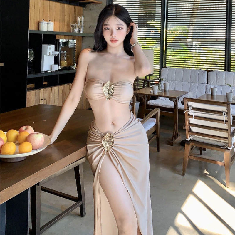 2025 Korean Style New Style Champagne Sexy Bikini Three-point Bikini Skirt Split Swimsuit
