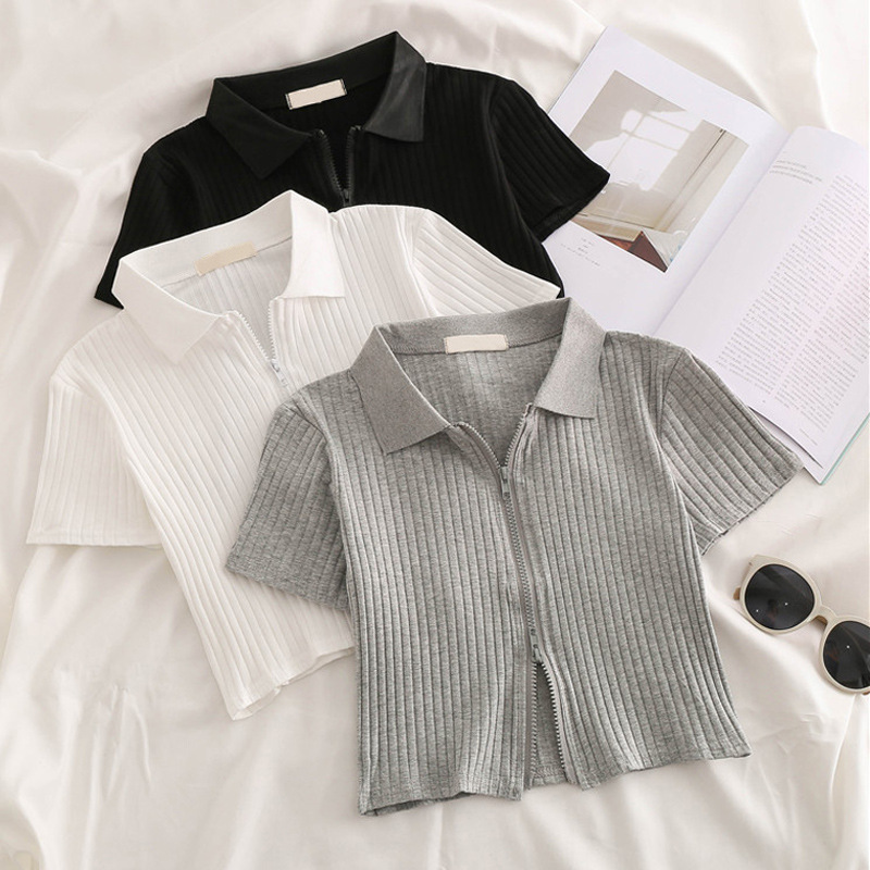 LAPEL T-SHIRT Women's Summer High Waist Navel-exposed Short Zipper Slim-fit Half-sleeve Chic Hong Kong Style Top Short-sleeve Support Hair