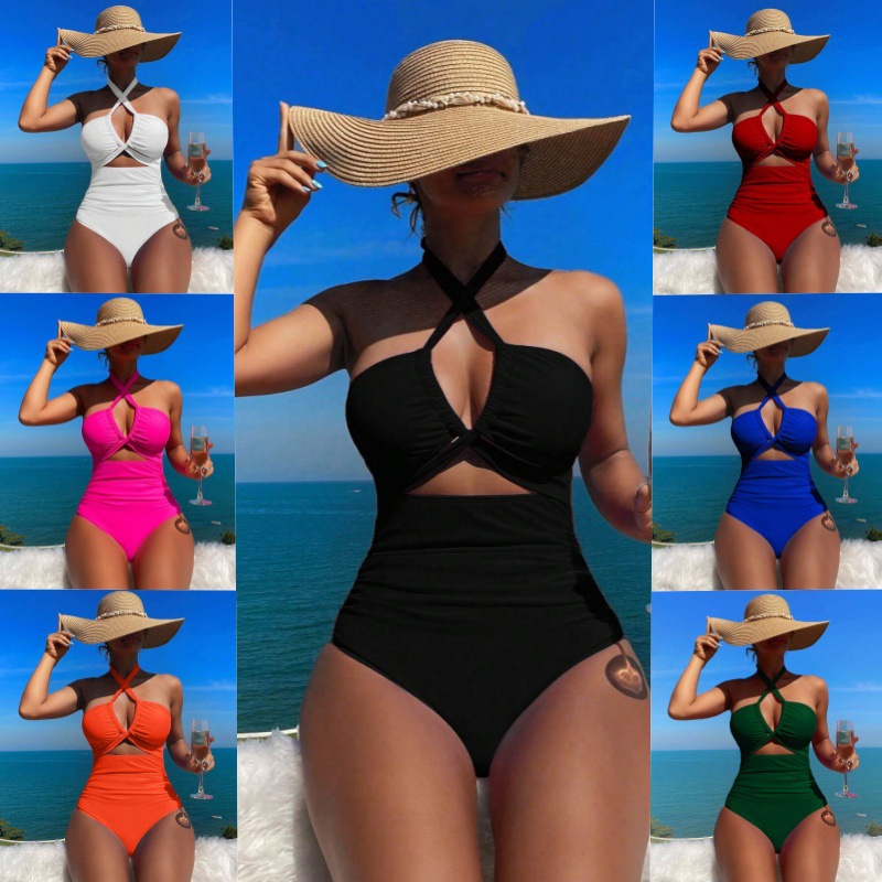 Swimsuit women's new European and American solid color neck one-piece sexy backless foreign trade cross-border swimsuit factory wholesale