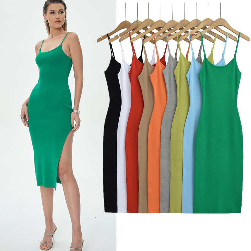 American Style Hot Girl Sexy Slim-Fit Side Slit Exposed Leg Slip Skirt Women's Summer Tight Hip Pin Mid-Length Woven Dress