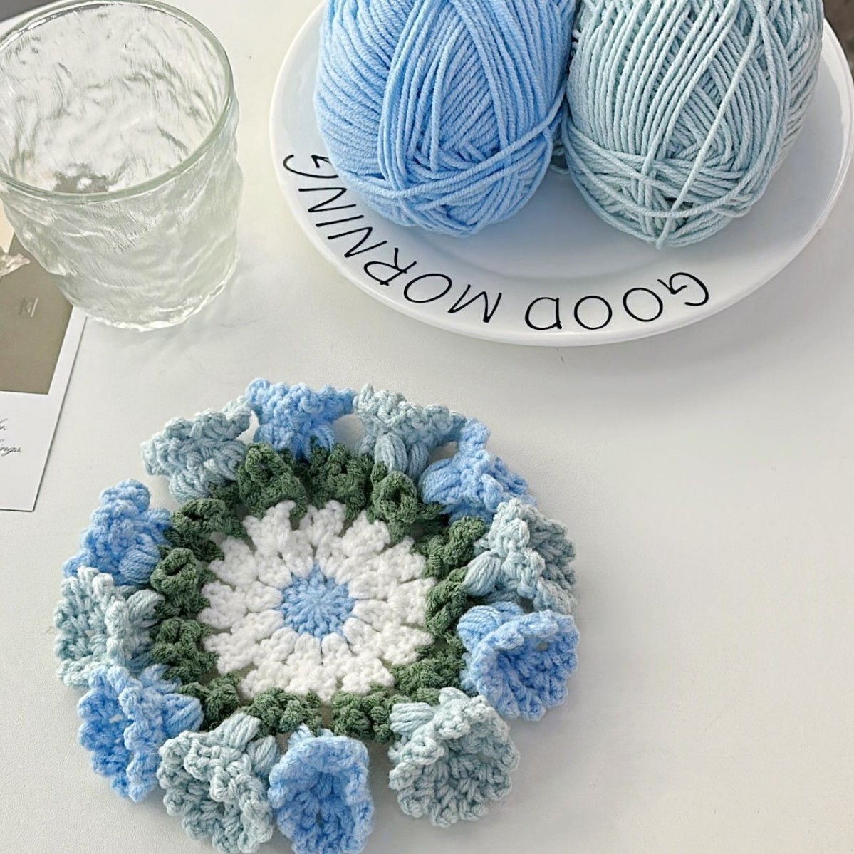 Picture of Beginner Handmade Weaving DIY Materials Kit, Yarn, Crochet, Lily of the Valley Gradient Coaster Gift for Girlfriend