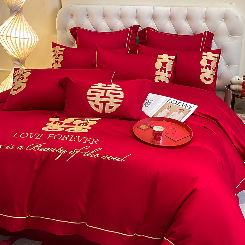 Picture of High-end European-style Wedding Four-piece Cotton Big Red Embroidered Sanding Quilt Cover Wedding Bedding Accompanying Wedding Room