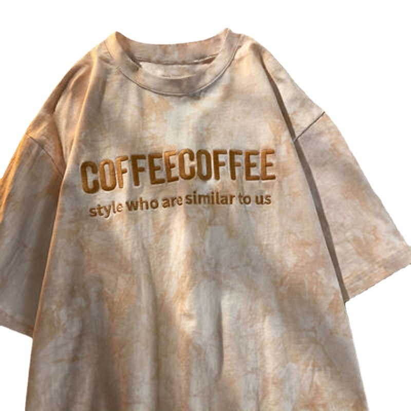 Tie-Dye Tops with Embroidered Letters for Couples, Bestie Short-Sleeved T-Shirts for Women, 2025 Summer Loose Student Tops for Women