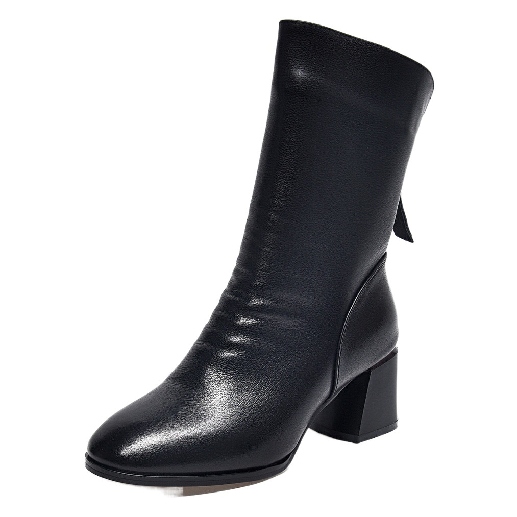 Leather Boots Women's 2024 Autumn and Winter Round Toe Middle Barrel Thick Heel Boots European and American Style Fashion Boots with Zipper Top Layer Cowhide Women's Boots