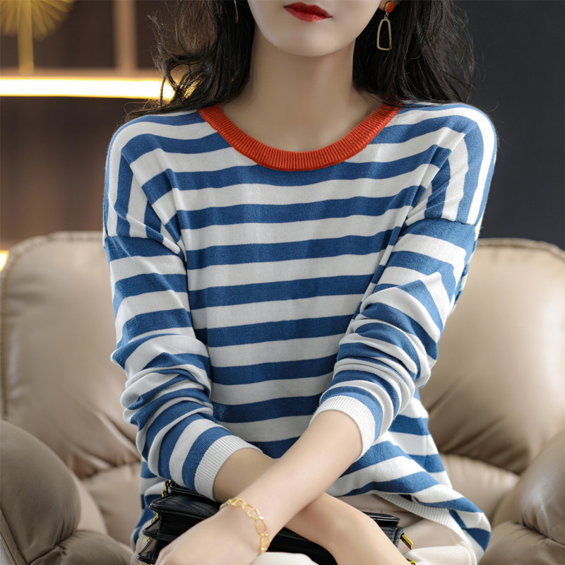 2023 Cotton Striped Sweater Women's European Heavy Contrast Inner Base Shirt Faye Wong Same Top for Spring and Autumn Outer Wear