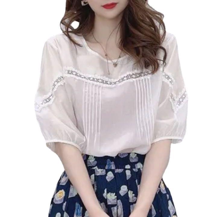 Picture of Hong Kong Style Vintage Lace Stitching Half Sleeve Chiffon Shirt Women's 2024 Summer New French Loose Slim Look Trendy Top