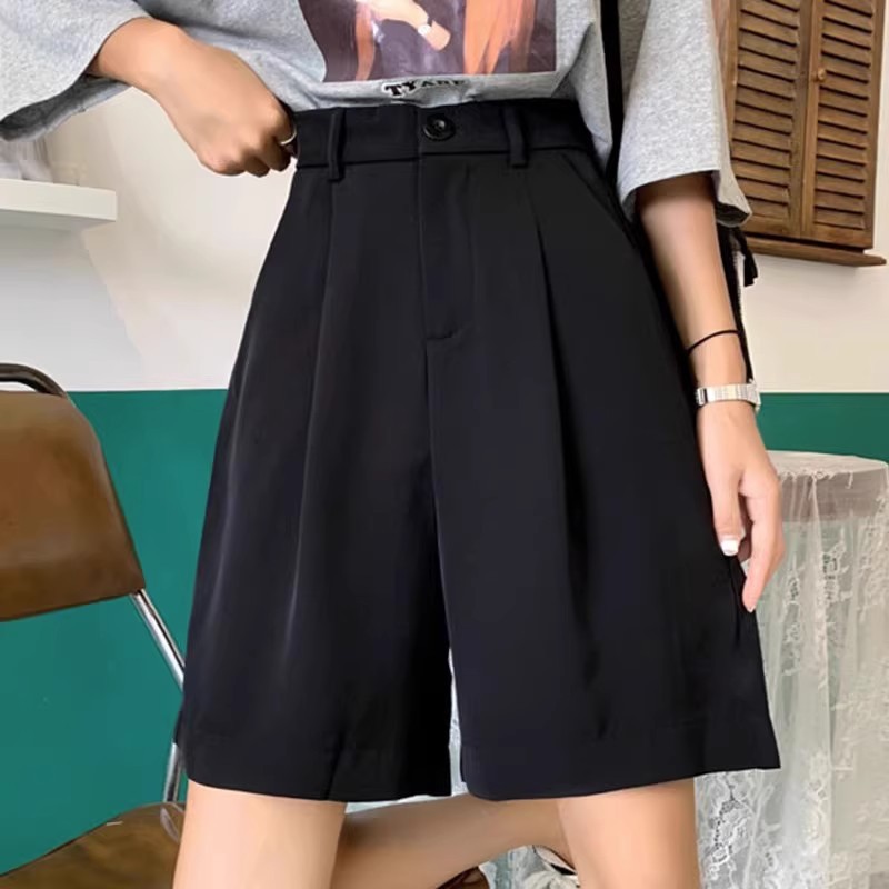 2025 Summer plus size Black High Waist Suit Five-point Pants Women's Loose Slimming All-match Casual Wide-leg Short Pants