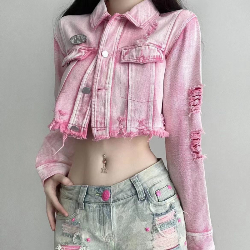 2024 spring hot girl pink washed hole Denim short coat loose fashion jacket national fashion brand
