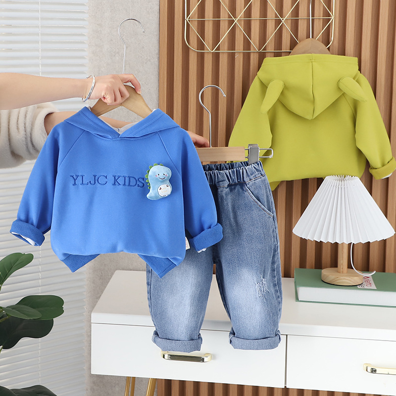 2024 new boy's clothing spring fashionable baby children's little dinosaur sweater Denim two-piece set factory wholesale