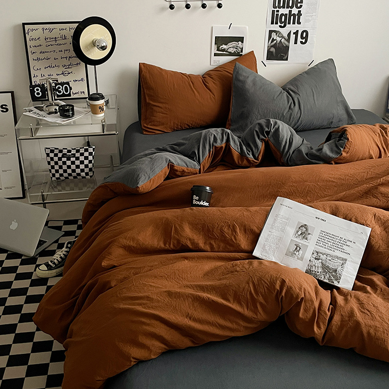 Picture of Four-piece bed set A can sleep naked wash cotton quilt cover solid color bed sheets student dormitory three-piece bed hat wholesale 4