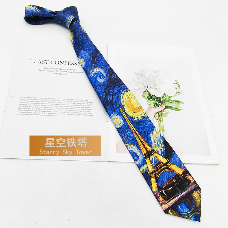 Picture of Van Gogh Oil Painting Men's Polyester Printed Vintage Tie Factory in stock Fashion Casual Tie Hand Tie 8cm