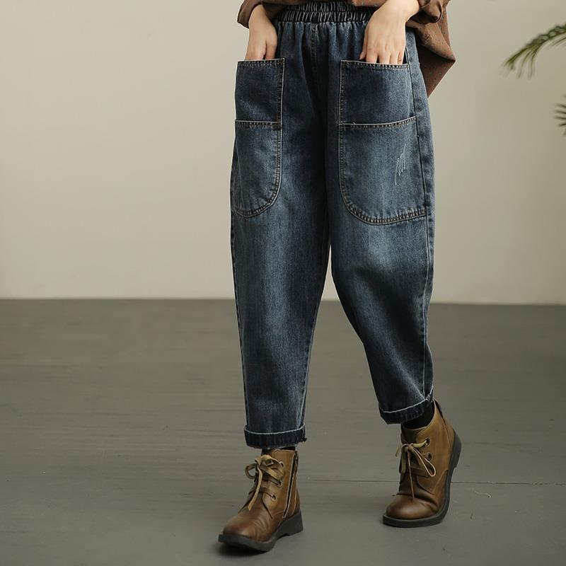 Spring and Summer 2023 Stretch Waist Distinctive Pocket plus size Harem Pants Women's Retro Distressed Dark Jeans Loose
