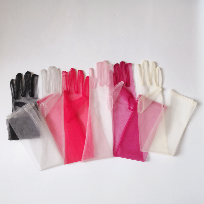 Picture of 55cm Long 70cm DIY Sheer Plain Bridal Wedding Dress Gloves Sexy Black and White Wine Red Mesh Wedding