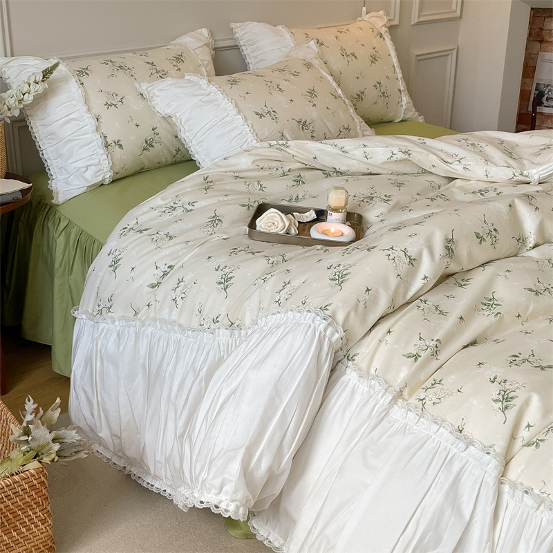 High-end French Retro Pure Cotton Four-piece Set Princess Style Floral Floral Pleated Lace Cotton Four Seasons Bed Skirt Bed Sheet