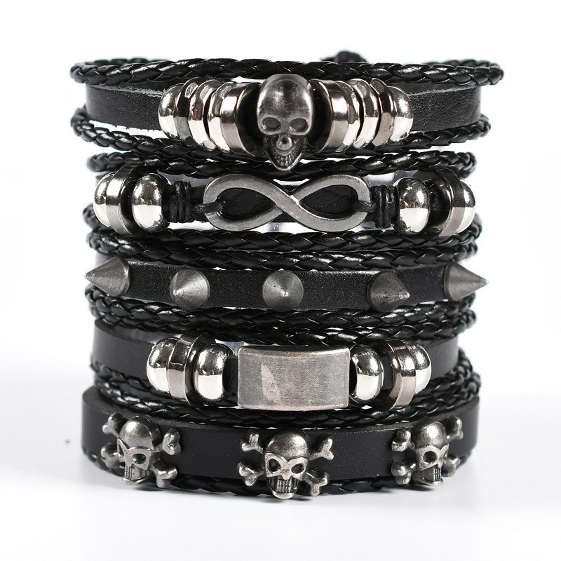 Cross-border new European and American retro style skull 8-character multi-layer elastic rope hand-woven 5-piece men's leather bracelet