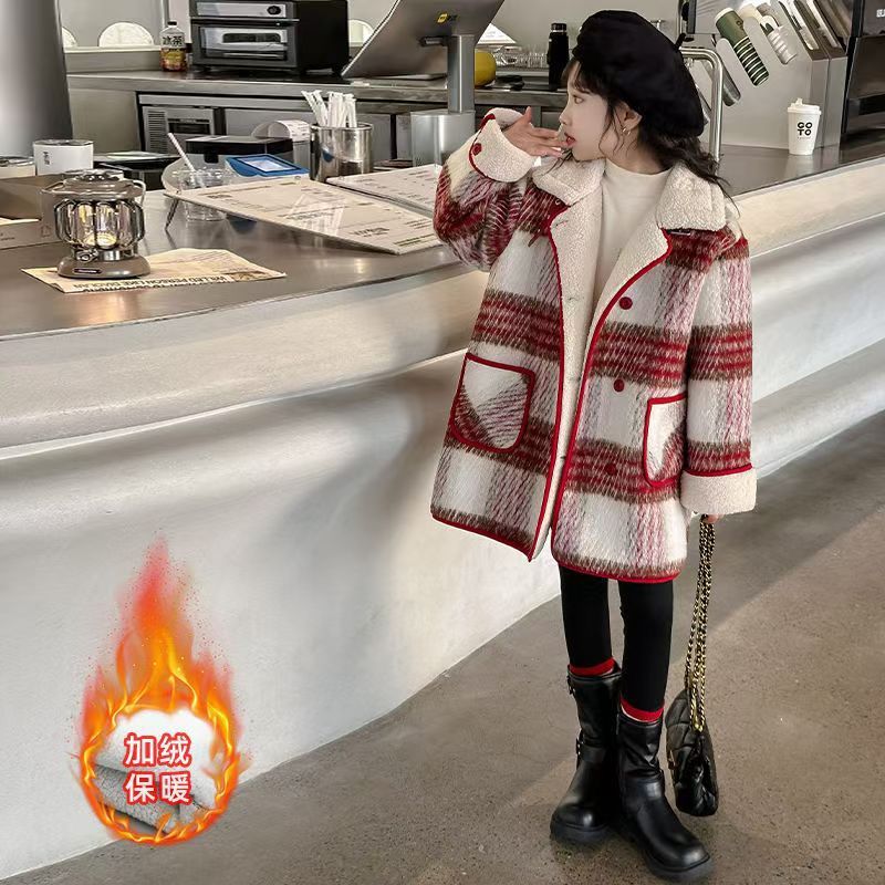 2024 new cuhk children's plaid woolen coat girls woolen coat long autumn and winter thick fleece-lined