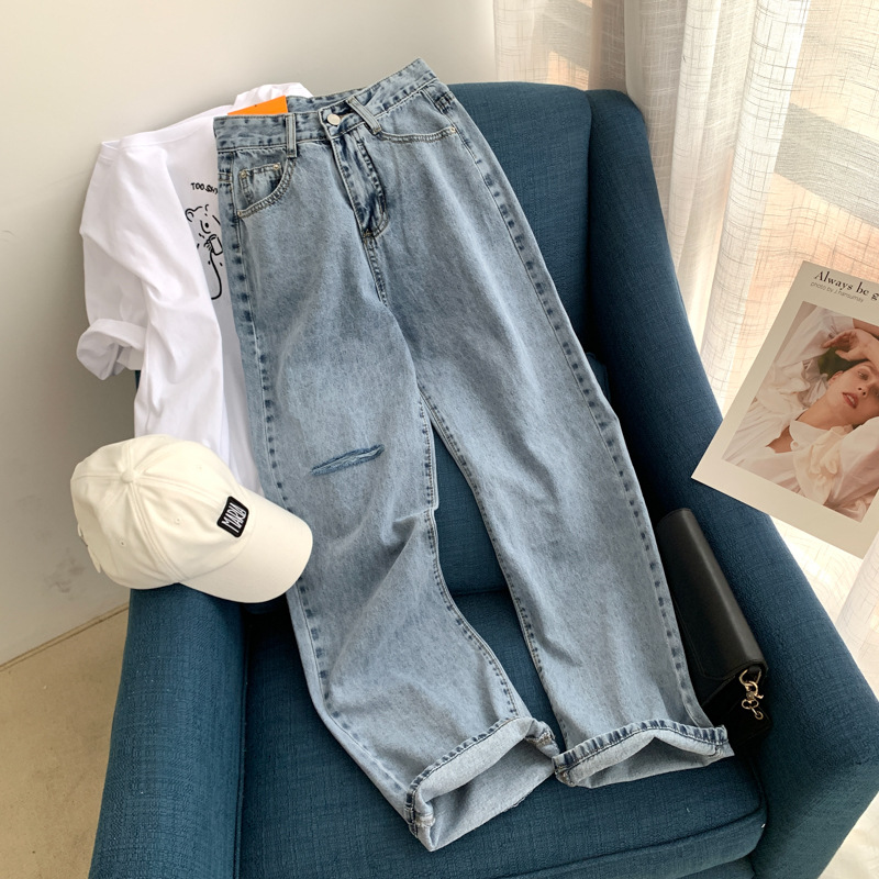 Ripped jeans women's 2021 summer new Hyun-a high waist fashion loose drape floor wide leg pants wholesale