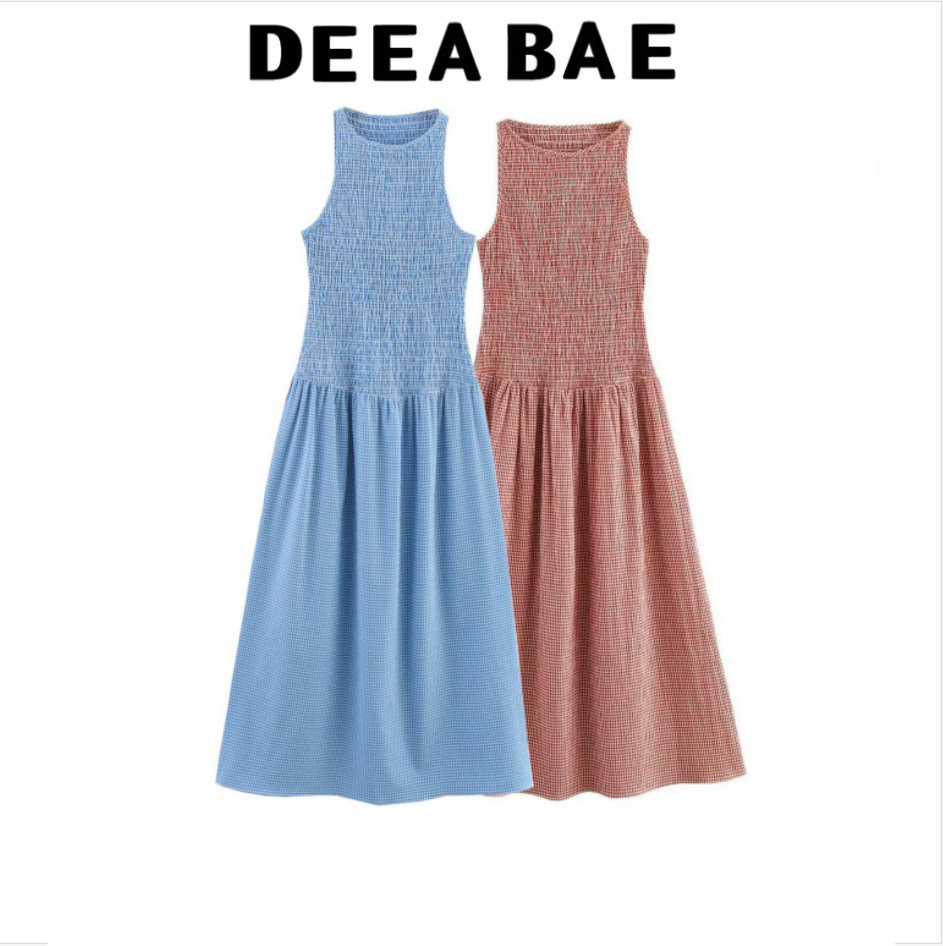 DEEABAE 2025 Spring New Women's Fresh Plaid Crewneck Sleeveless Midi dress 3067329