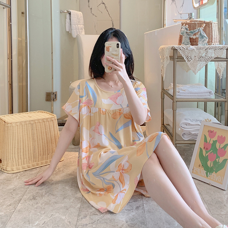 Picture of Cotton Silk Nightgown Women's Spring and Autumn Summer Thin Pajamas Korean Sweet Girls Online Celebrant Live Explosions Home Outwear Skirt