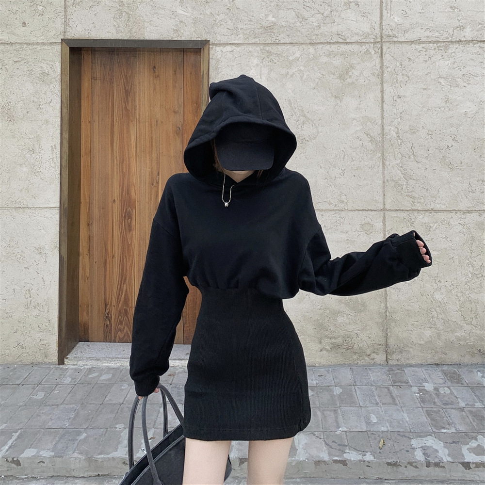 2024 new autumn and winter hooded sweater skirt waist slimming hip fashion trend fleece-lined thick dress women
