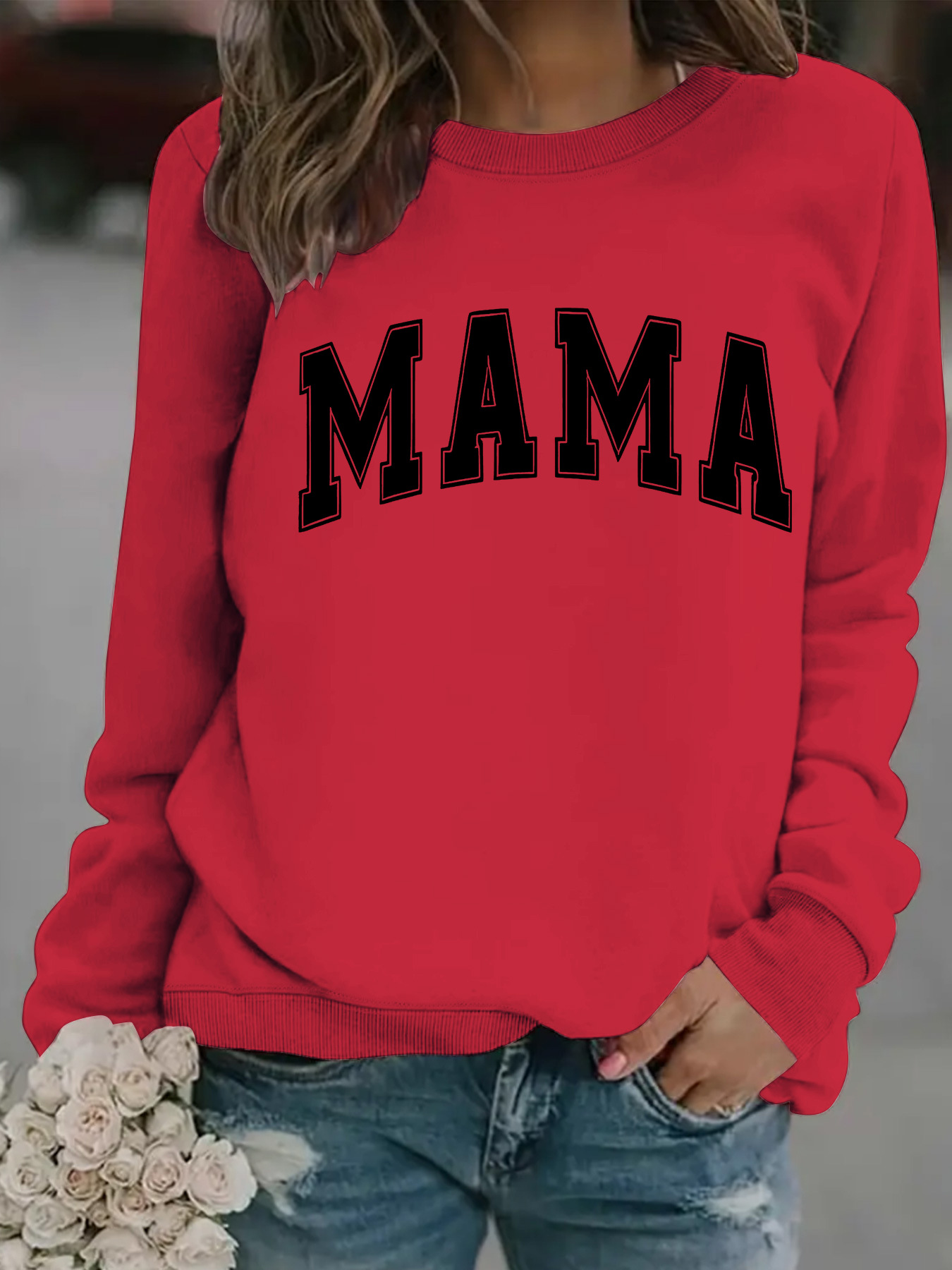Picture of Europe and the United States cross-border autumn and winter women's casual long sleeve round neck MAMA printed pullover sweatshirt sweater wholesale