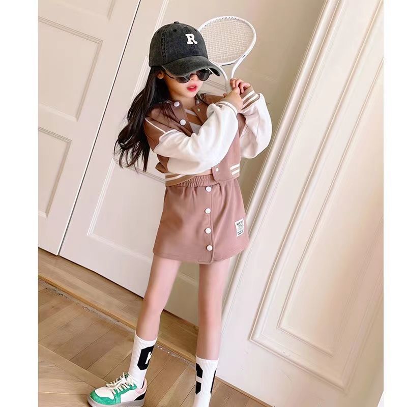 Girls Korean Spring and Autumn Suit 2024 Autumn Fashionable New Button Baseball Uniform Short Skirt Two-Piece Set for Big Children