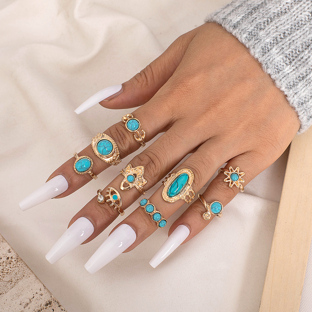 European and American Cross-Border New Retro Bohemian Style Crown Eagle Turquoise Opening 20-Piece Set Ring Wholesale