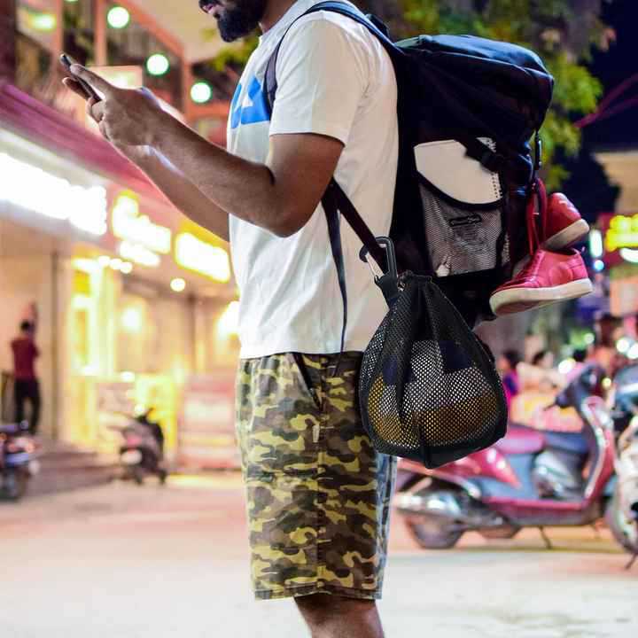 Picture of Portable single ball storage bag mesh tote bag drawstring sling backpack for carrying basketball volleyball football