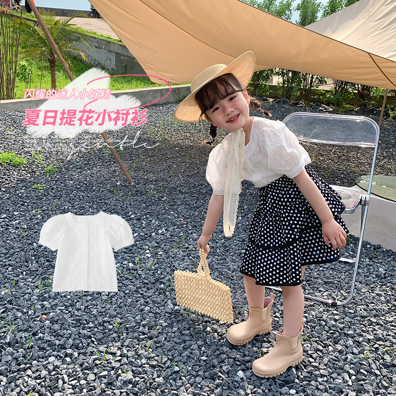 South Korea girls' white shirt summer new Korean style elegant lightweight breathable baby jacquard shirt little girl top