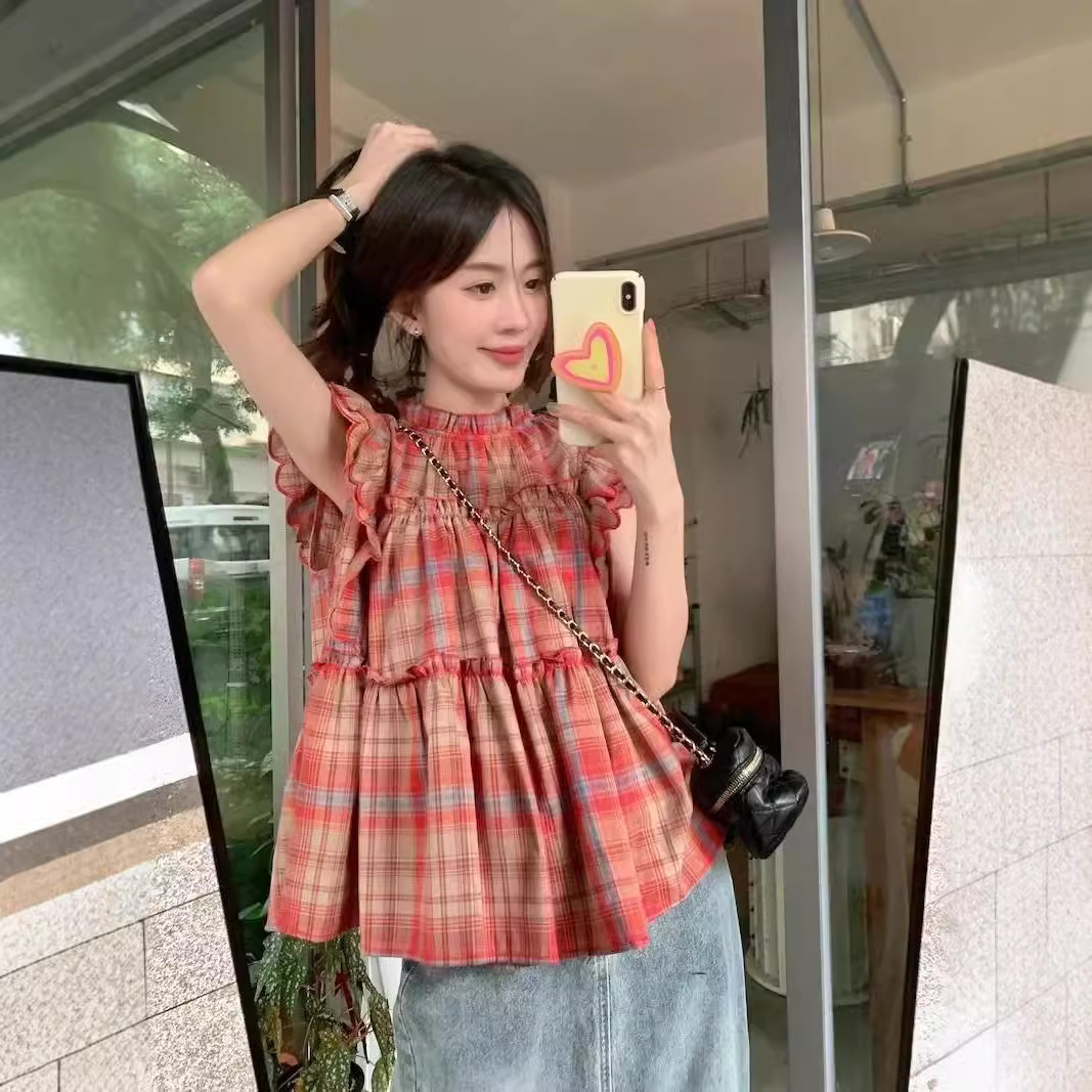 Sweet Flying Sleeve Women's Summer 2024 New Loose Plaid Top Design Good-looking All-match Doll Shirt