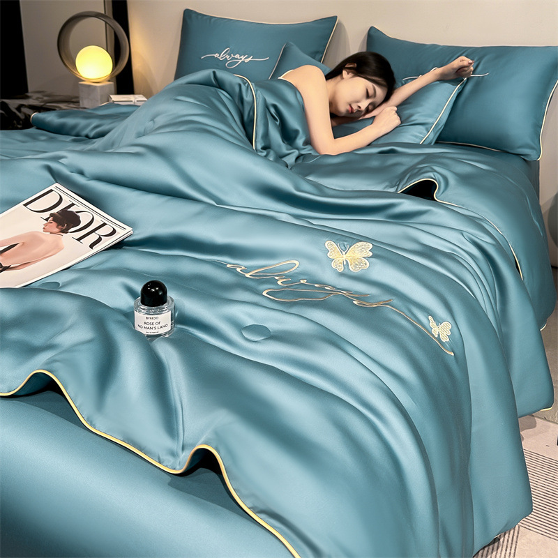 Picture of Class a Washed Ice Silk Summer Quilt Four-Piece Set of Summer Cool Quilt That Can Sleep Naked, Embroidered Air-Conditioned Quilt, Cool Silk Summer Thin Quilt