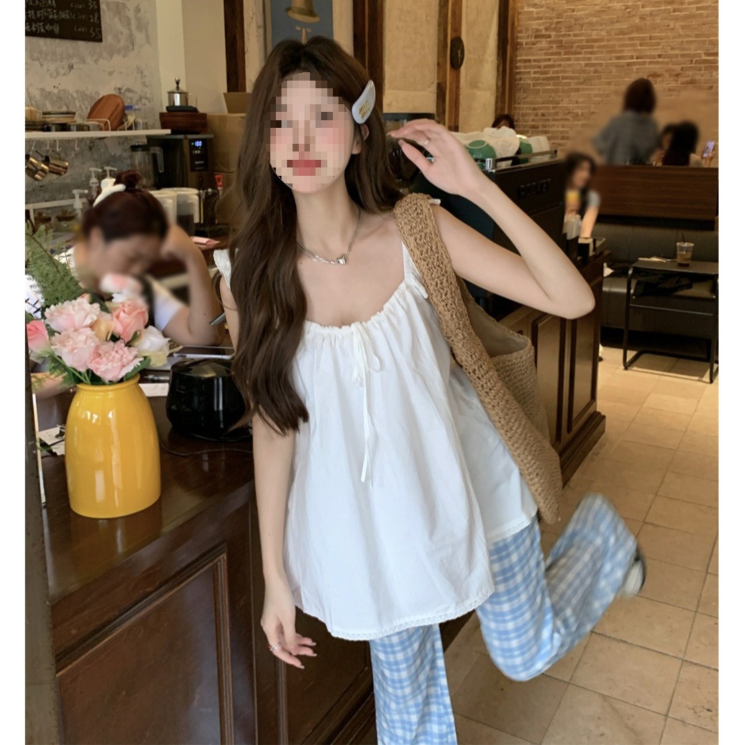 Three-standard Complete ~ 2025 Summer New Gentle Sweet Spice Bow Lace Flying Sleeve Sling Vest Top