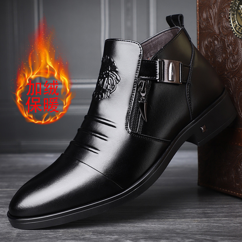2024 New Autumn and Winter Men's Business Boots Men's High-Top Fleece-Lined Warm Cotton Leather Shoes Side Zipper Boots 1015