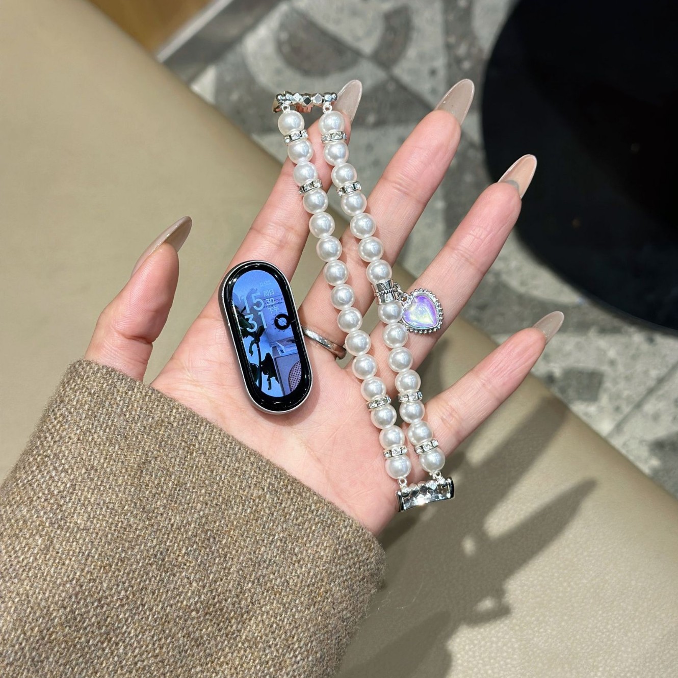Suitable for mi band 9 Pearl Love Diamond Strap Small Fragrance Advanced Beaded 8/7/6/5/4/3 Wristband