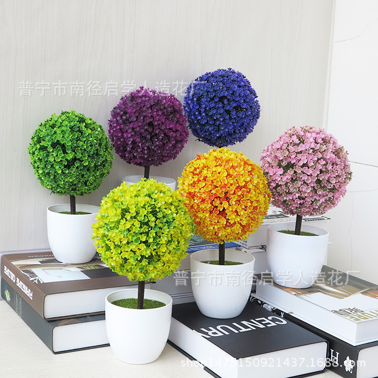 Picture of Sakura Snowball Simulated Plant Potted Grass Ball Bonsai Small Tree Home Decoration Flower Ornament Creative Mini Small Round Ball