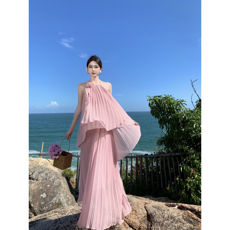 Slight tipsy pink French style suit three-dimensional soft yarn flower suspender top organ pleated overskirt two-piece set
