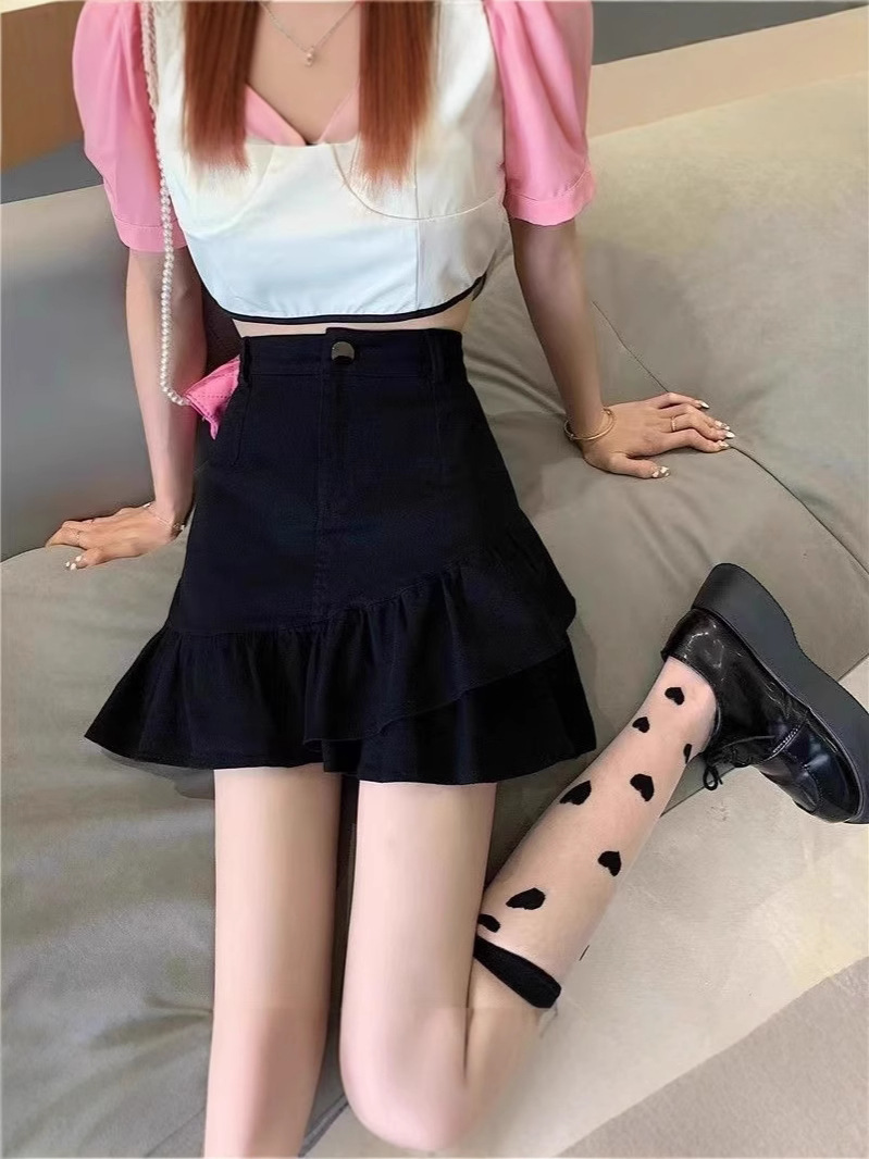 Denim Skirt Women's 2024 Summer New All-match Ruffled High Waist Slimming A- line Hip Fishtail Skirt