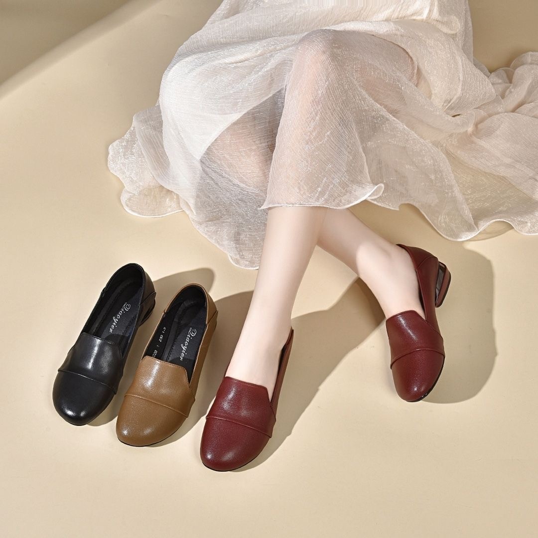 Fashion low heel plus size bean shoes 2024 spring and autumn new all-match happy shoes mother shoes soft bottom comfortable leather shoes