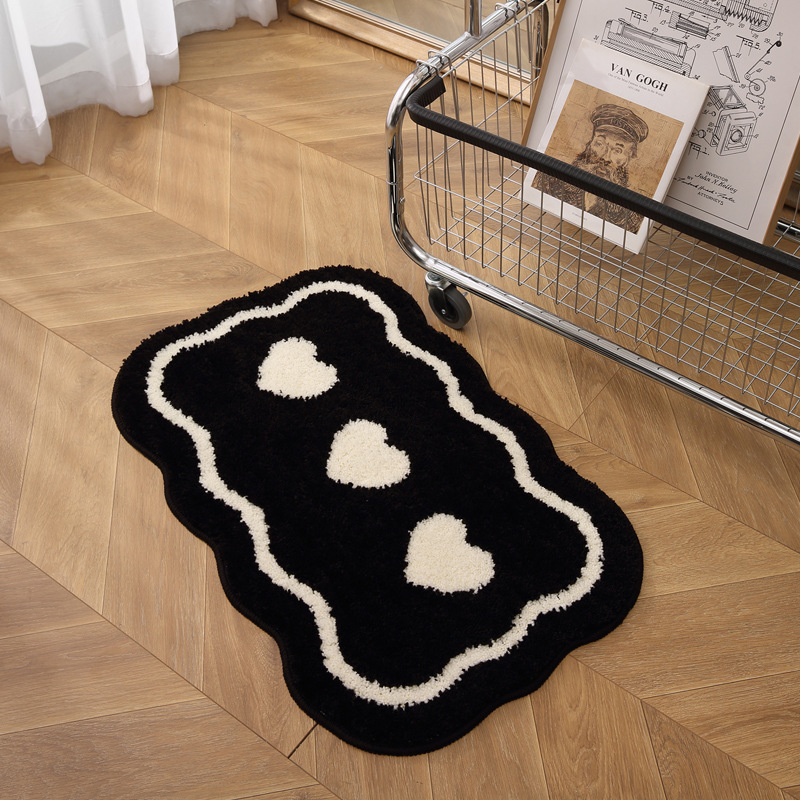 Fresh Light Luxury Black and White Love Bathroom Bathroom Door Absorbent Foot Mat Household Wear-resistant Thickened Flocking Carpet
