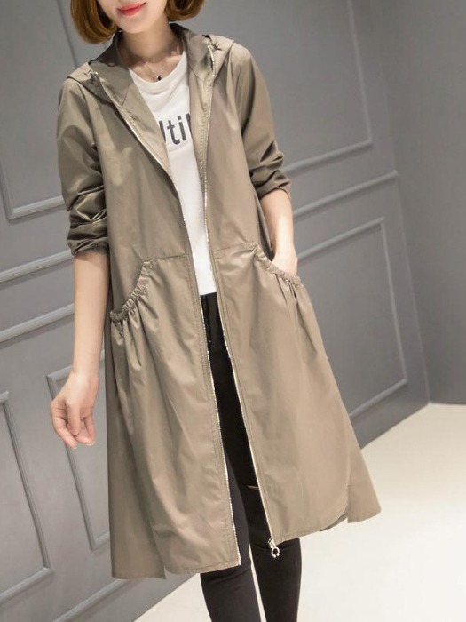 2024 New Autum Hooded Mid-Length Over-The-Knee Thin Spring Women's Windbreaker Jacket Loose Large Size Outerwear