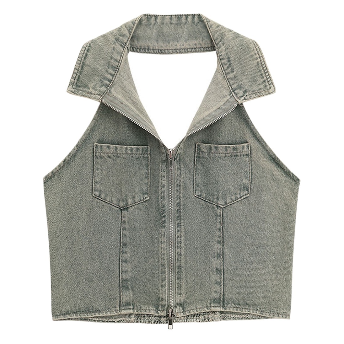 Hot Girl Sleeveless Neck American Style Vintage Washed Denim Vest Women's Outer Wear Summer Caution Machine Backless Short Top